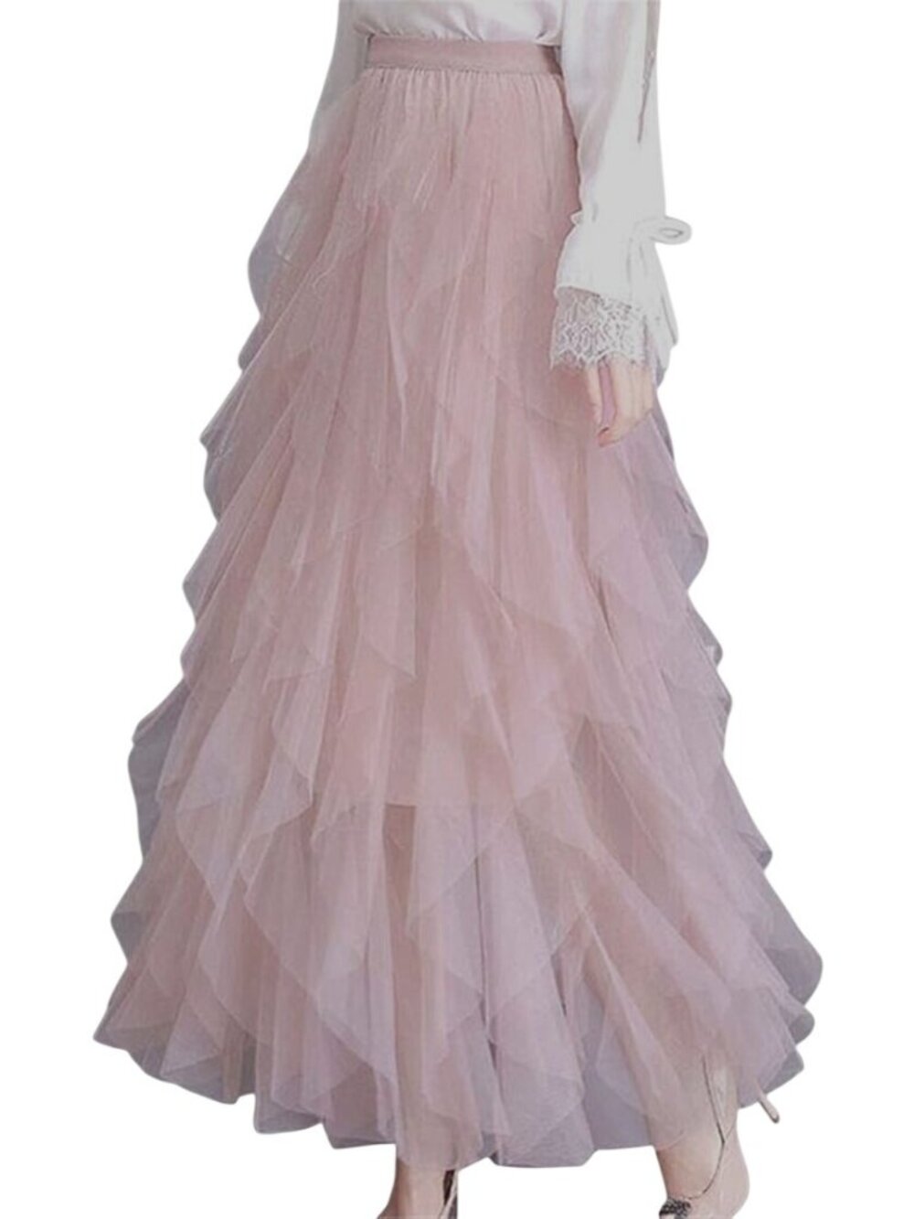 New Layered Blush Pink Tulle Maxi S/M Skirt With Elastic Waistband - Picture 4 of 6